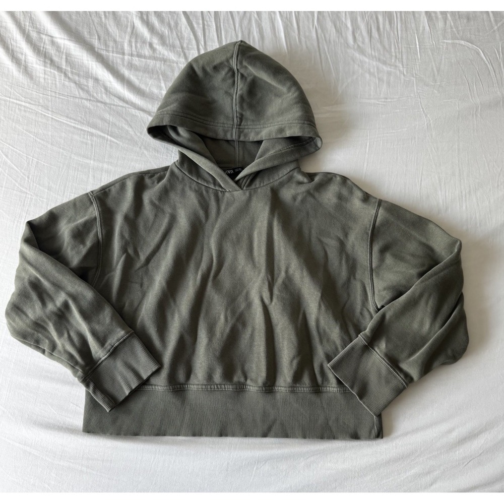 ZARA Hoodie Mens Size Small Oversized Olive Green Sweatshirt Boxy Distressed EUC
